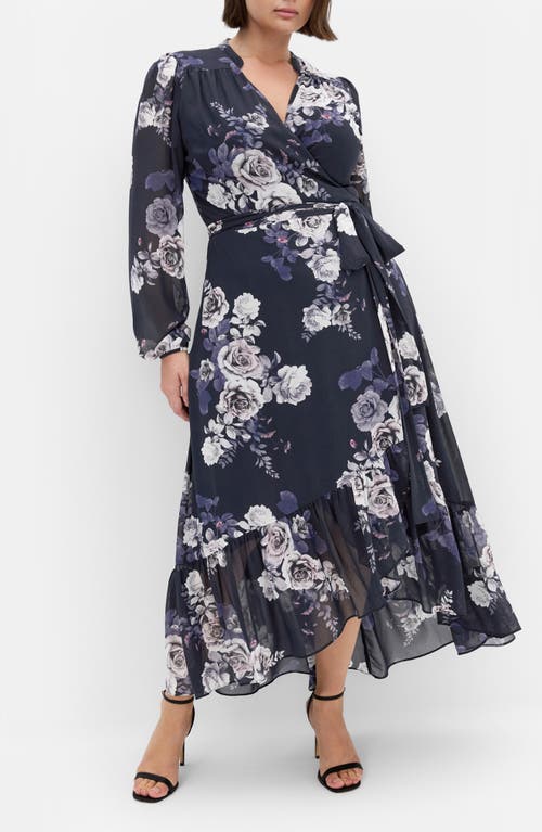 City Chic Jane Floral Print Long Sleeve Faux Wrap Maxi Dress In Blue