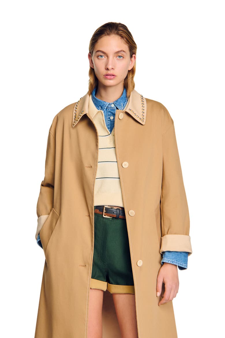 Trench coat with rhinestone collar, Alternate, color, Camel