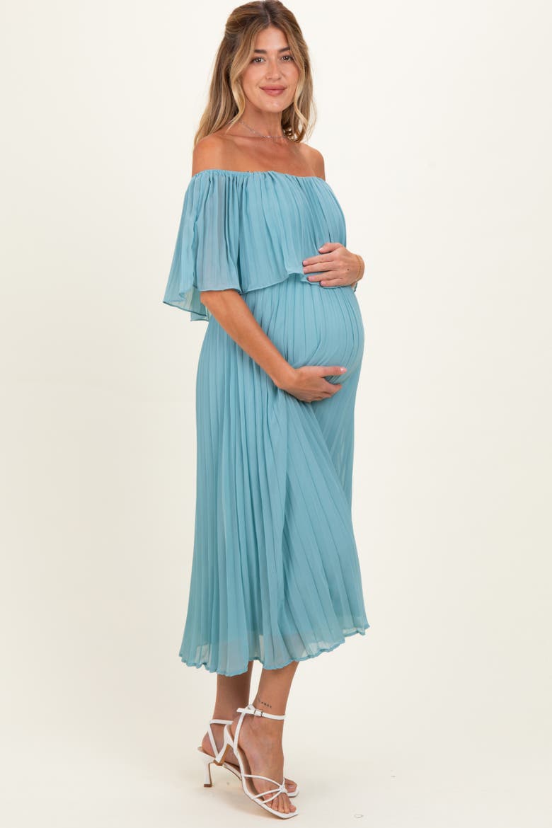 Pleated Off Shoulder Flounce Midi Dress, Alternate, color, Blue
