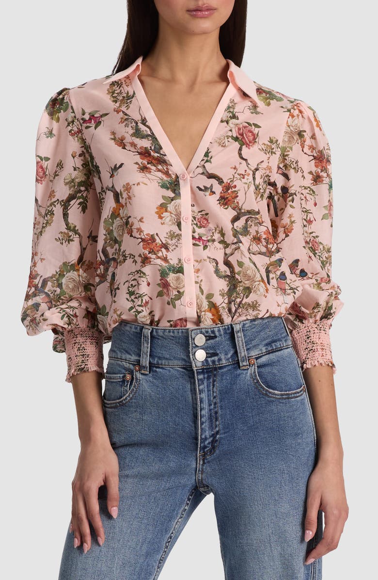 Alice + Olivia Charis Cotton & Silk Shirt, Main, color, Sunset Grove English Rose