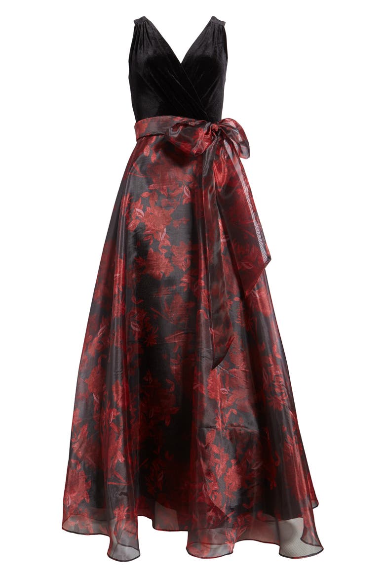 Mixed Media Sleeveless Gown, Alternate, color, BLACK/ RED