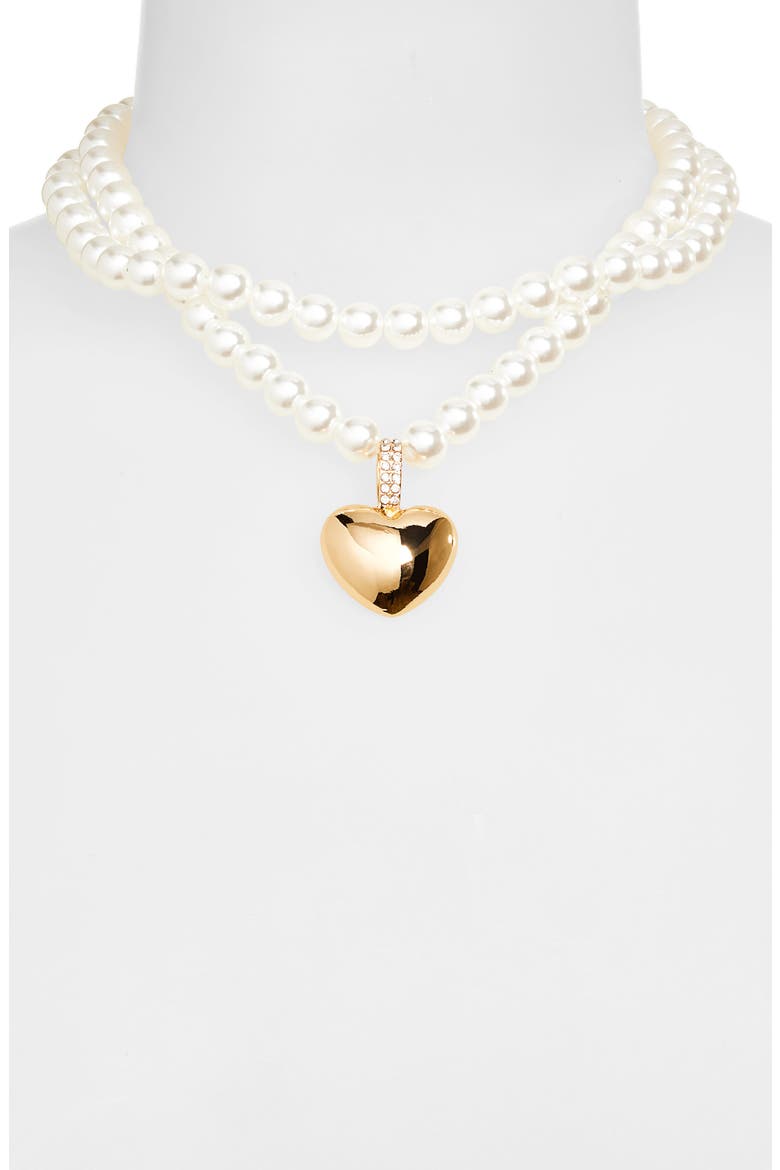 Faux Pearl Layered Heart Charm Necklace, Alternate, color, WHITE- GOLD