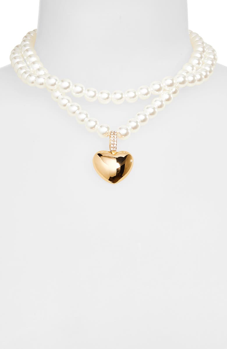 Open Edit Faux Pearl Layered Heart Charm Necklace, Alternate, color, 