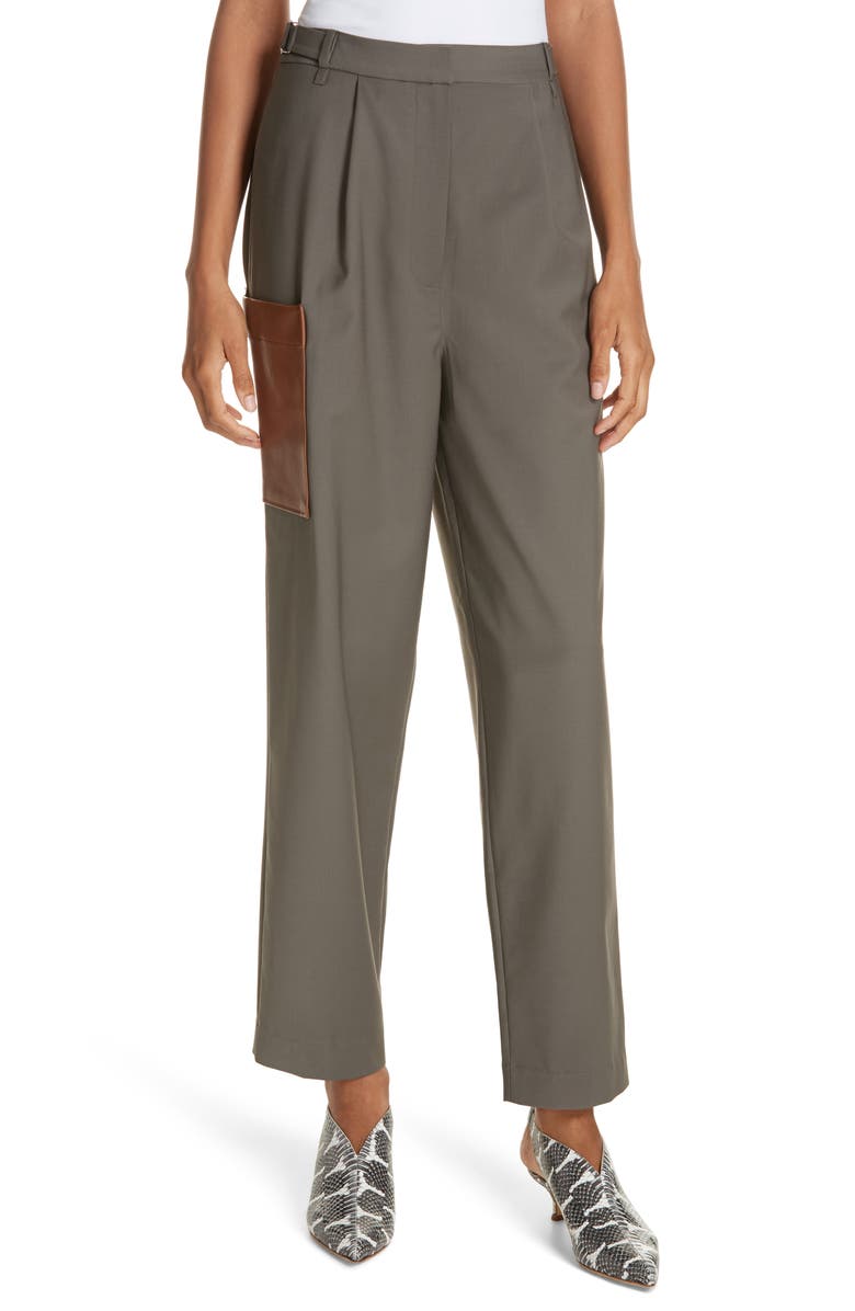 Tibi Tablier Leather Pocket Plain Weave Straight Leg Pants, Main, color, 