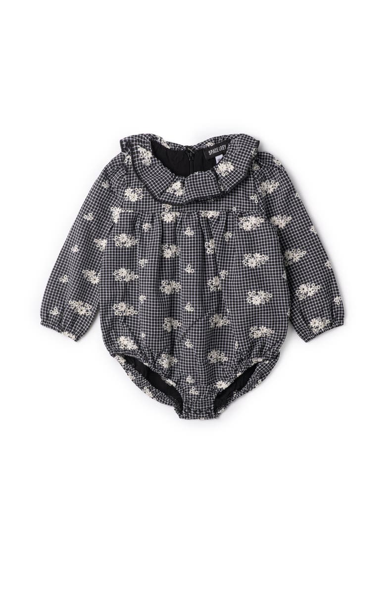 Space Grey Checkered Embroidered Bubble Romper, Main, color, Black