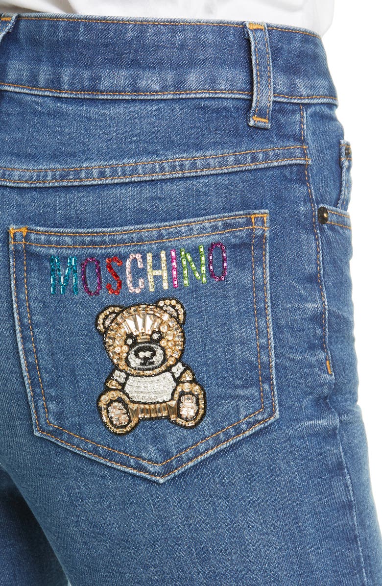 Moschino Beaded Bear Skinny Jeans, Alternate, color, 