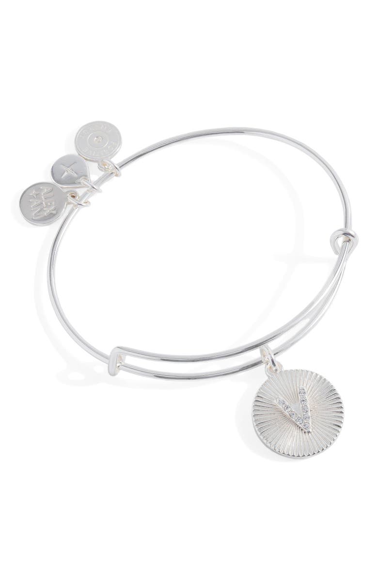 Alex and Ani Pave Starburst Texture Initial Bangle Bracelet, Main, color, Silver - V