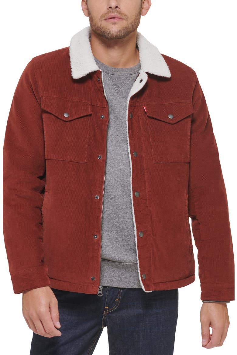 Faux Shearling Lined Corduroy Trucker Jacket, Alternate, color, RUST