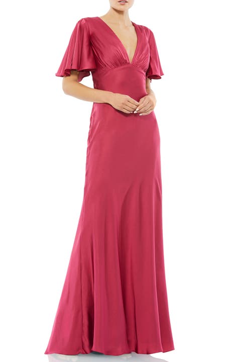 ★Mac Duggal★ Pink プリーツ シフォン Vネック フリルドレス ピンクプリーツシフォンVネックラッフルミディドレス - Mac Duggal