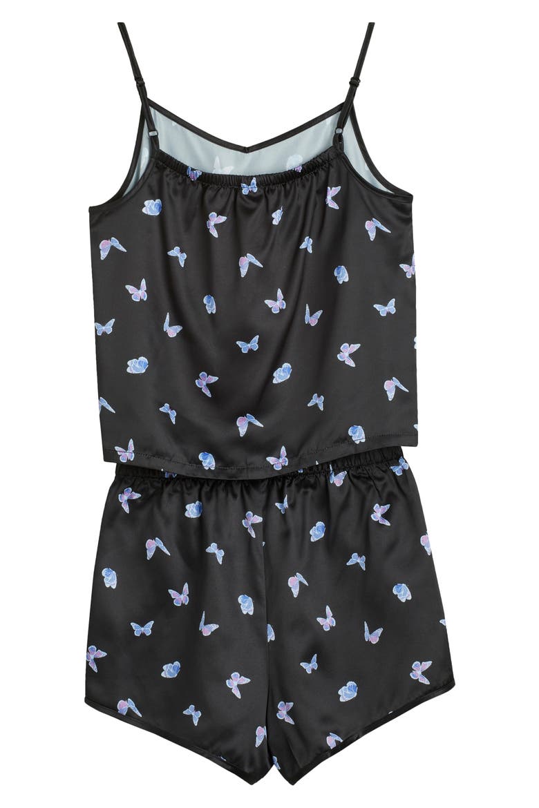 Kids' Print Satin Short Pajamas, Alternate, color, BLACK NIGHT BUTTERFLIES