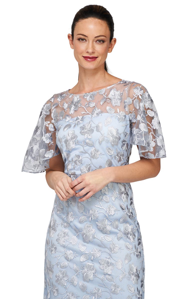JS Collections Brooke Floral Embroidered Column Gown, Alternate, color, Silver/ Azure