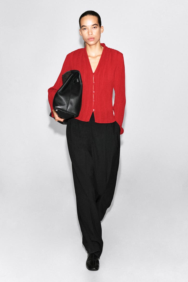 Pleated Jacquard Cardigan, Alternate, color, RED