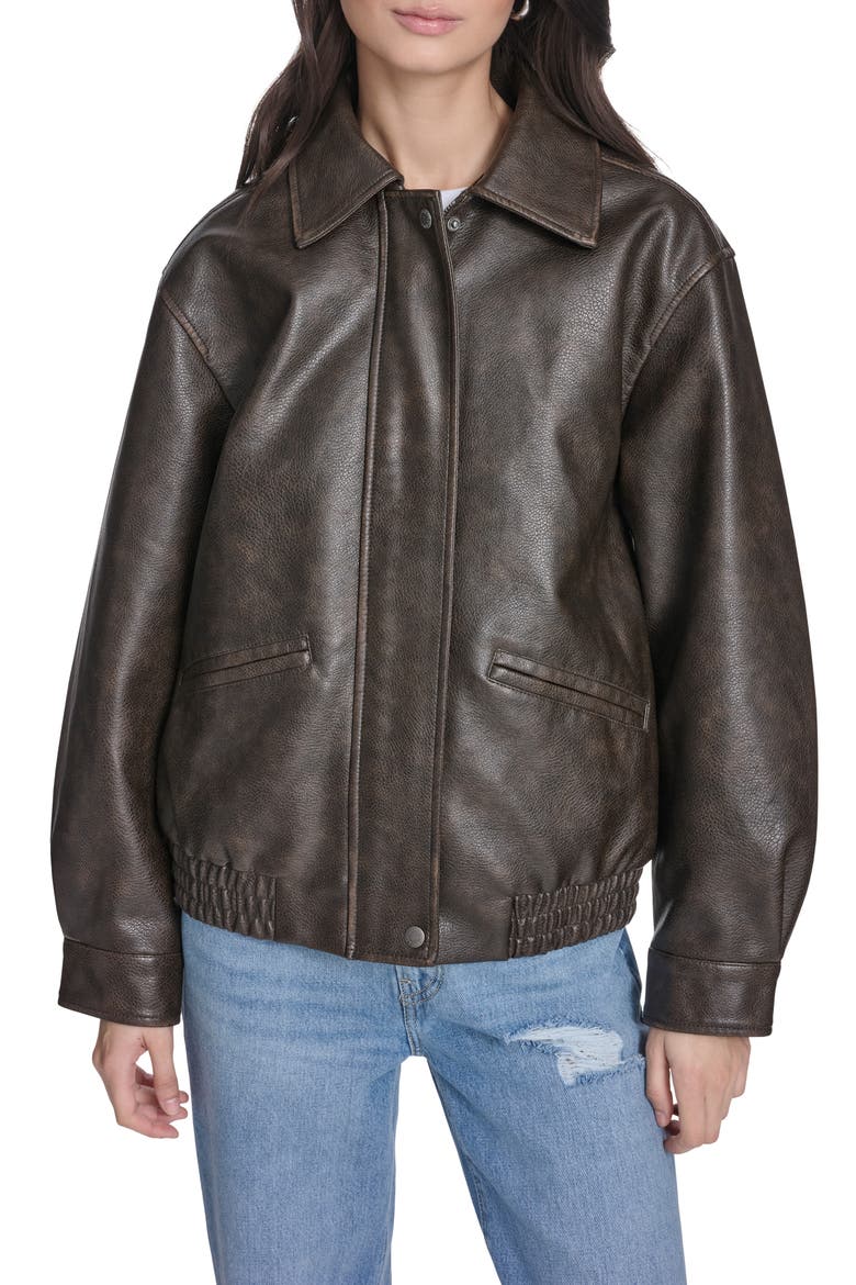 Relaxed Faux Leather Bomber Jacket, Main, color, BROWN