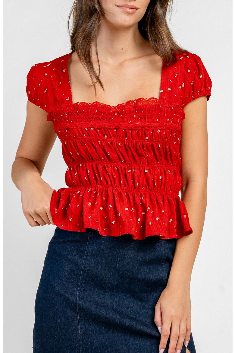 Ruched Bodice Printed Top, Main, color, RED