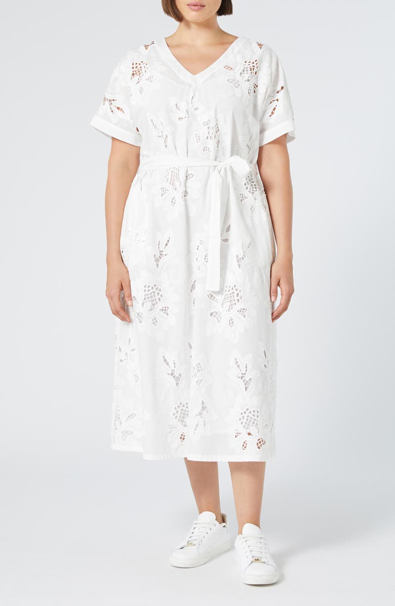 Marina Rinaldi Micaela Embroidered Short Sleeve Cotton Midi Dress, Main, color, Optical White