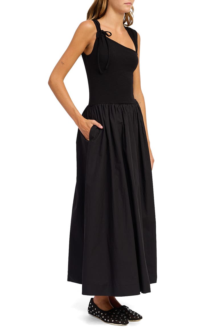 Sloane Asymmetric Neck Mixed Media Maxi Dress, Alternate, color, BLACK
