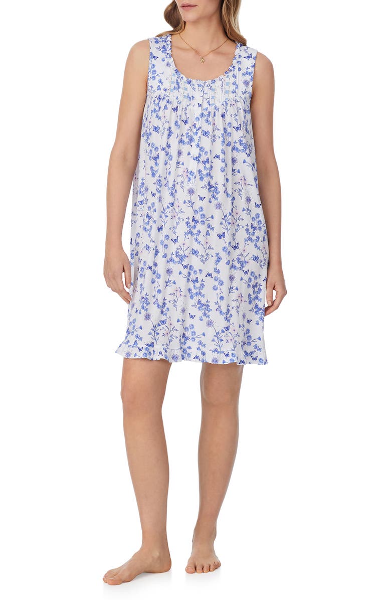 Eileen West Floral Sleeveless Short Jersey Nightgown, Main, color, White Grd Periwinkle/Pink Flor