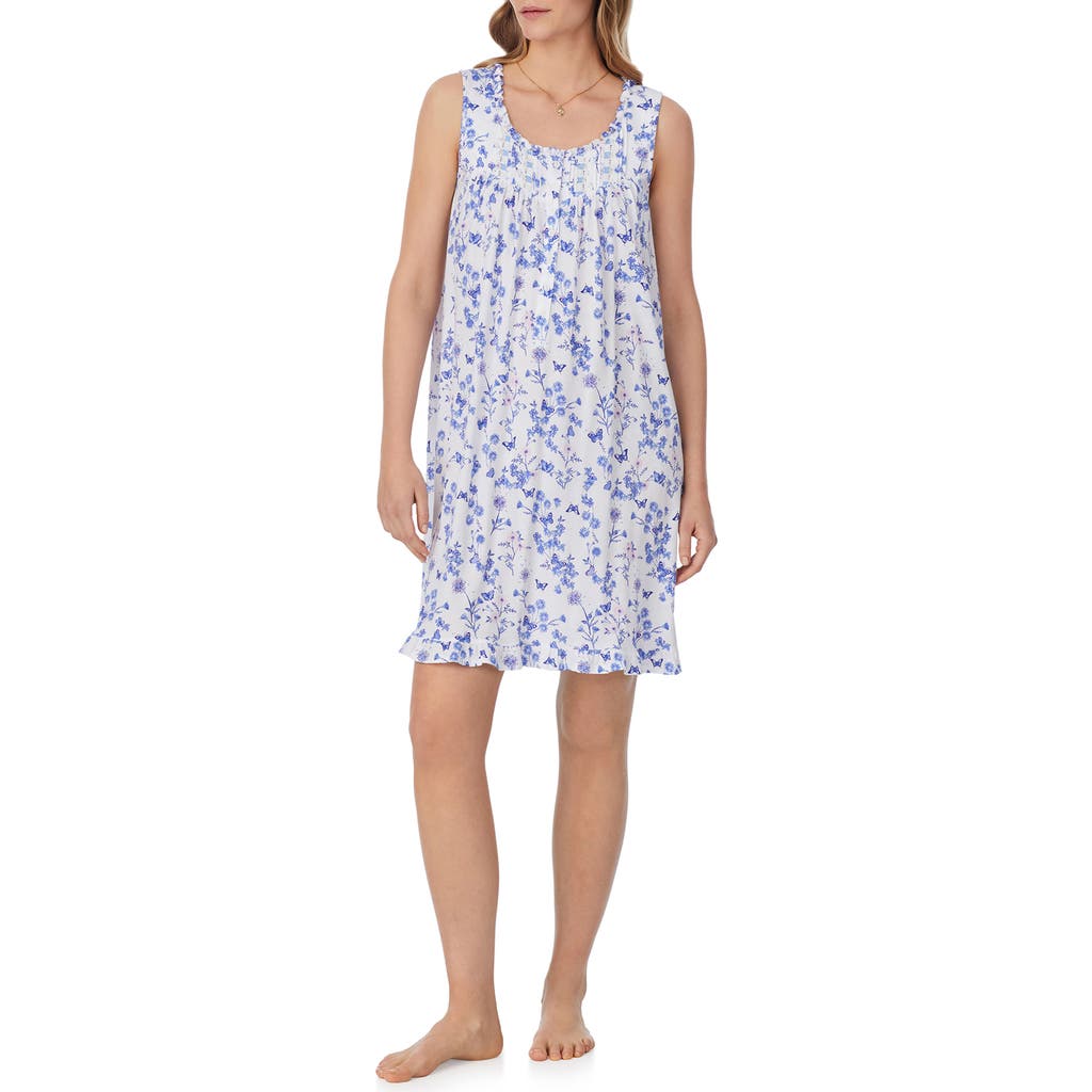 Eileen West Floral Sleeveless Short Jersey Nightgown In White Grd Periwinkle/pink Flor