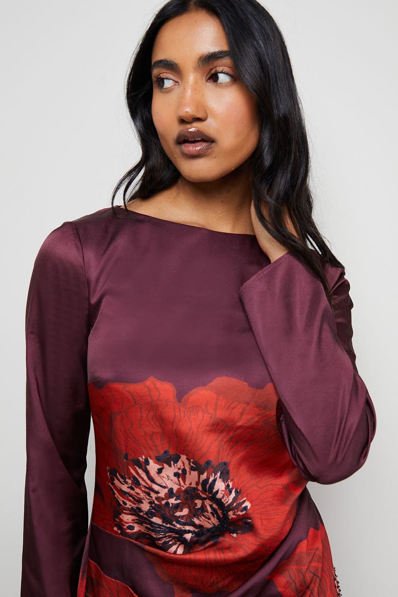 Floral Placement Print Satin Midi Dress, Alternate, color, Dark Red