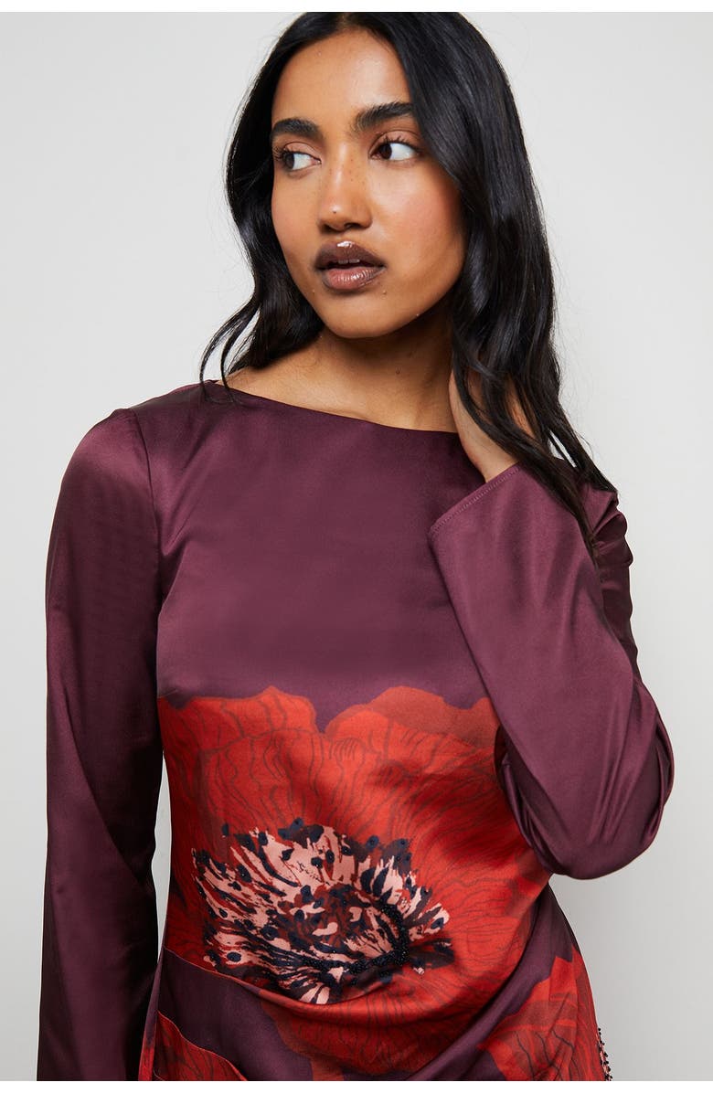 Warehouse Floral Placement Print Satin Midi Dress, Alternate, color, Dark Red