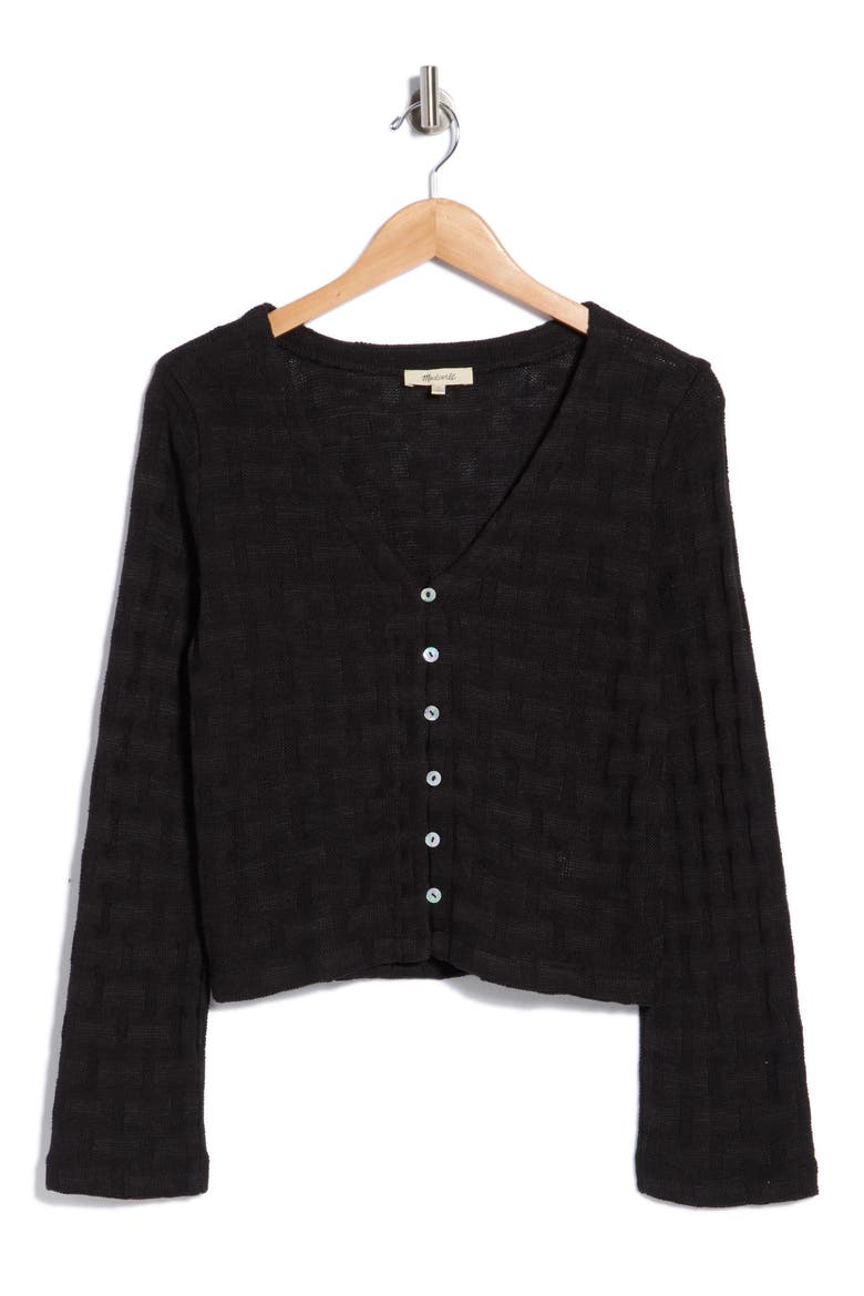 Basket Weave Knit Bell-Sleeve Button-Up Shirt, Alternate, color, JET BLACK