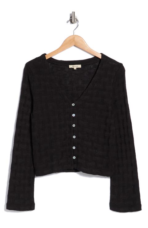 Basket Weave Knit Bell-Sleeve Button-Up Shirt