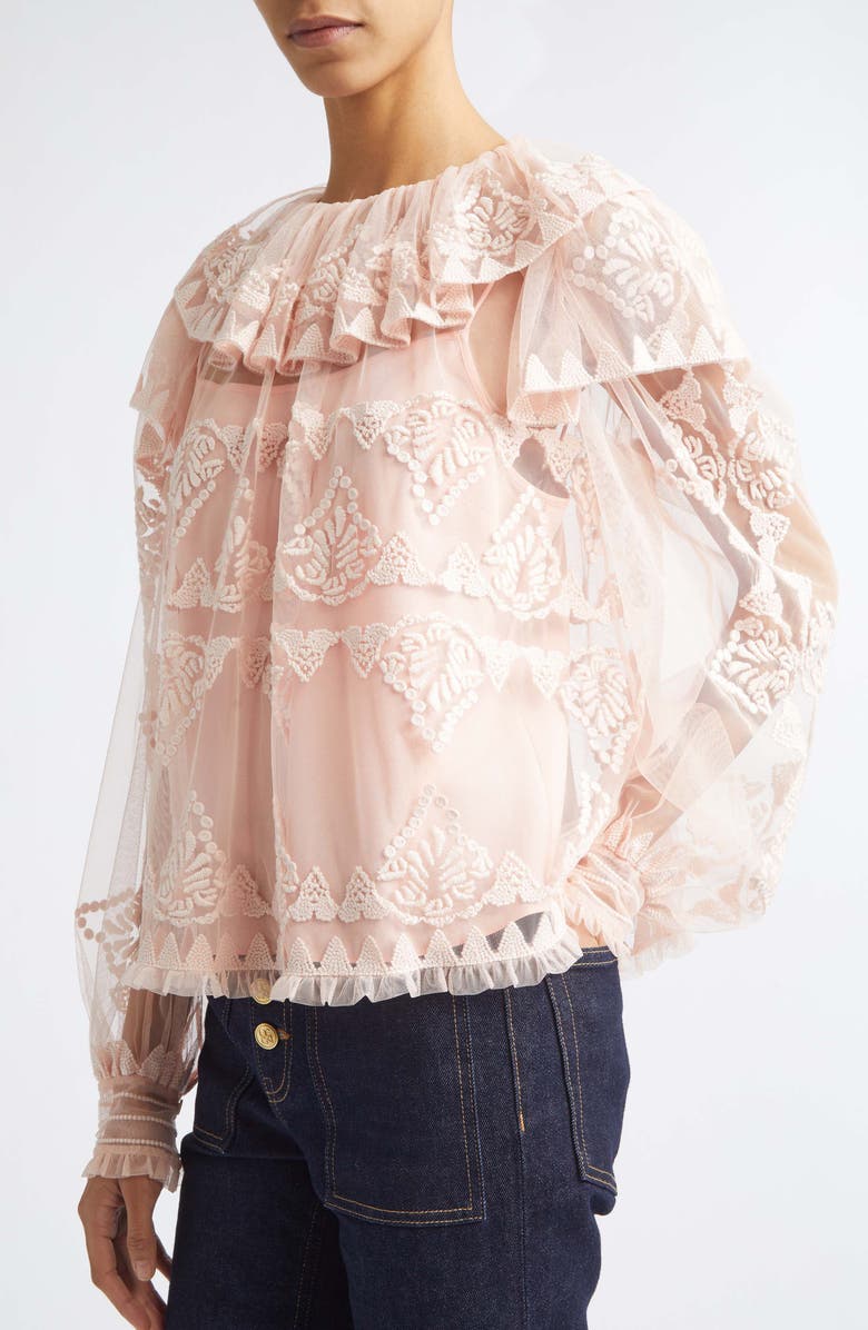 Ulla Johnson Ivy Floral Lace Embroidered Ruffle Tulle Top, Alternate, color, Blush