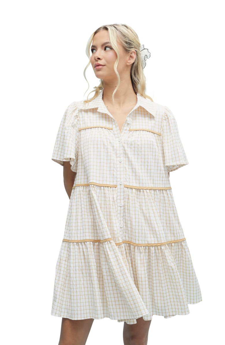 WISHLIST Check Print Buttoned Babydoll Dress, Alternate, color, Taupe/ White