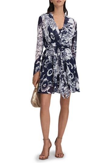 Shop Reiss Sienna Long Sleeve Floral Faux Wrap Minidress In Navy/cream