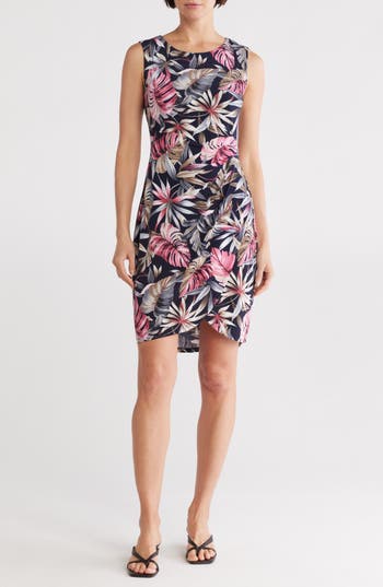 Connected Apparel Sleeveless Faux Wrap Dress In Fuchsia