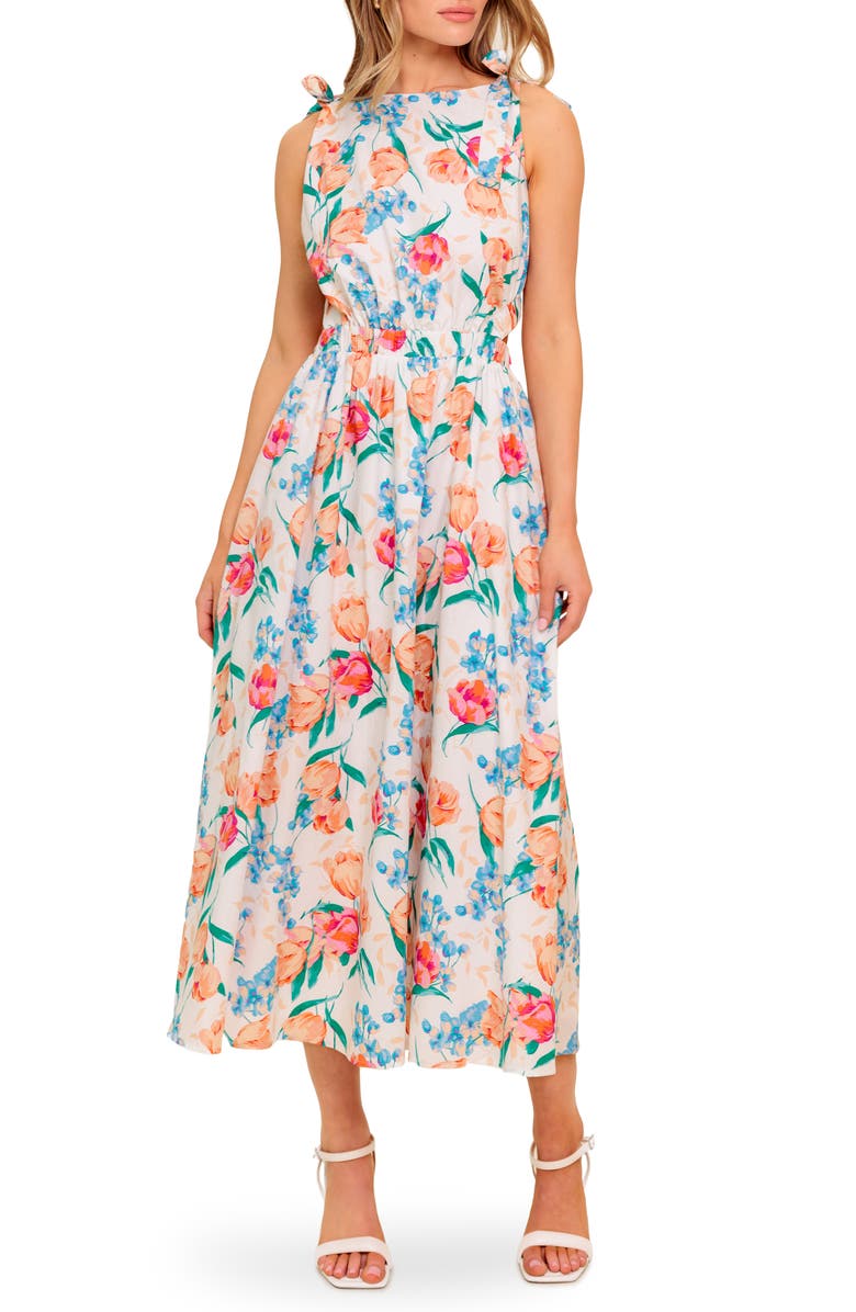 FLYING TOMATO Tie Strap Fit & Flare Midi Dress, Main, color, Ivory