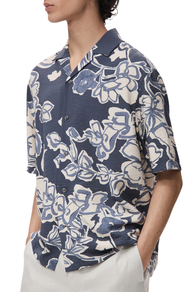 MANGO Wrinkled Effect Floral Camp Shirt, Alternate, color, Navy