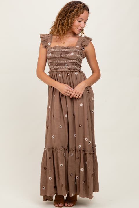 Floral Embroidered Smocked Maxi Dress