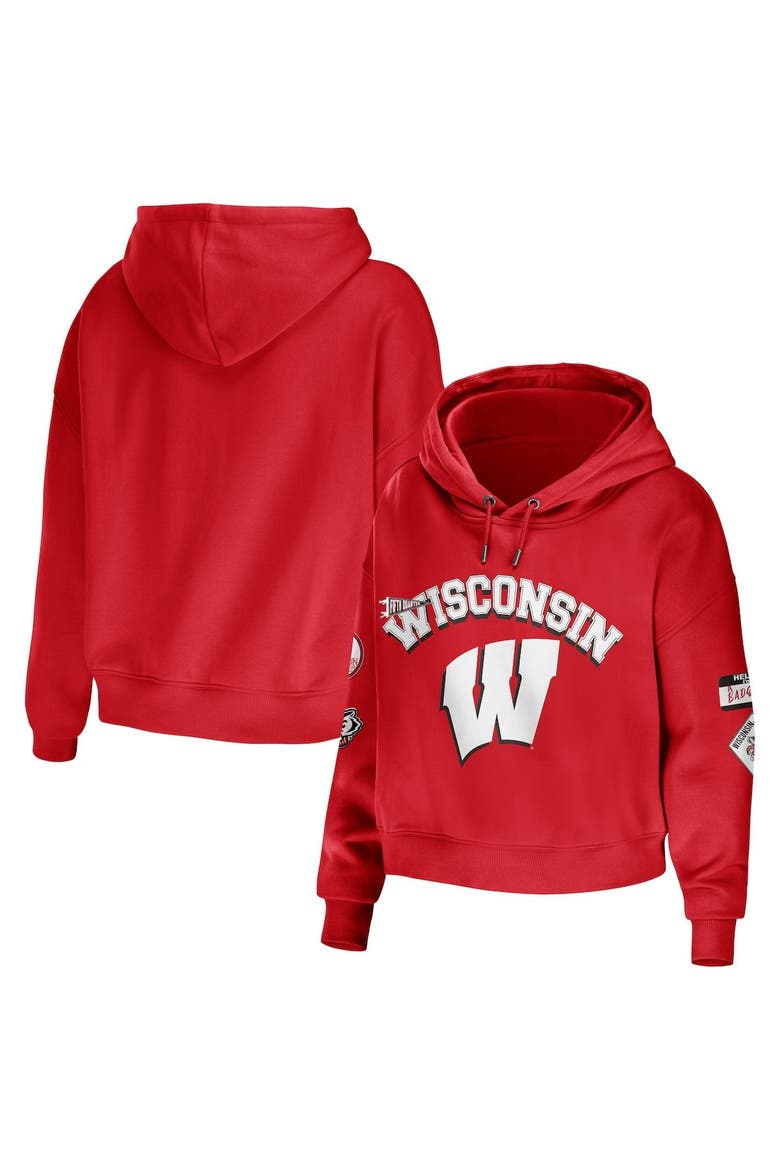 Women's WEAR by Erin Andrews Red Wisconsin Badgers Mixed Media Cropped Pullover Hoodie, Main, color, Red