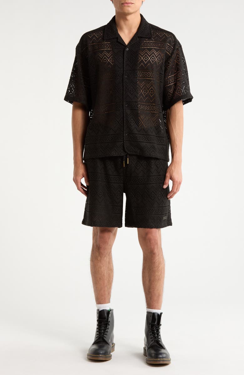 HONOR THE GIFT Pointelle Crochet Button-Up Camp Shirt, Alternate, color, Black