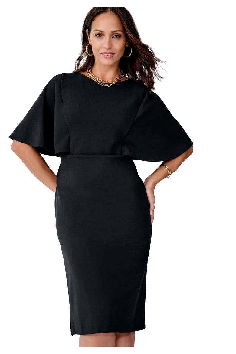 Stretch Crepe Cape Sheath Dress, Main, color, BLACK
