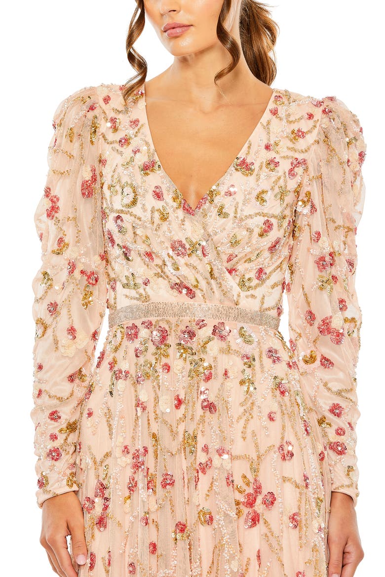 Floral Embellished Wrap Over Puff Sleeve A Line Gown, Alternate, color, Blush Multi