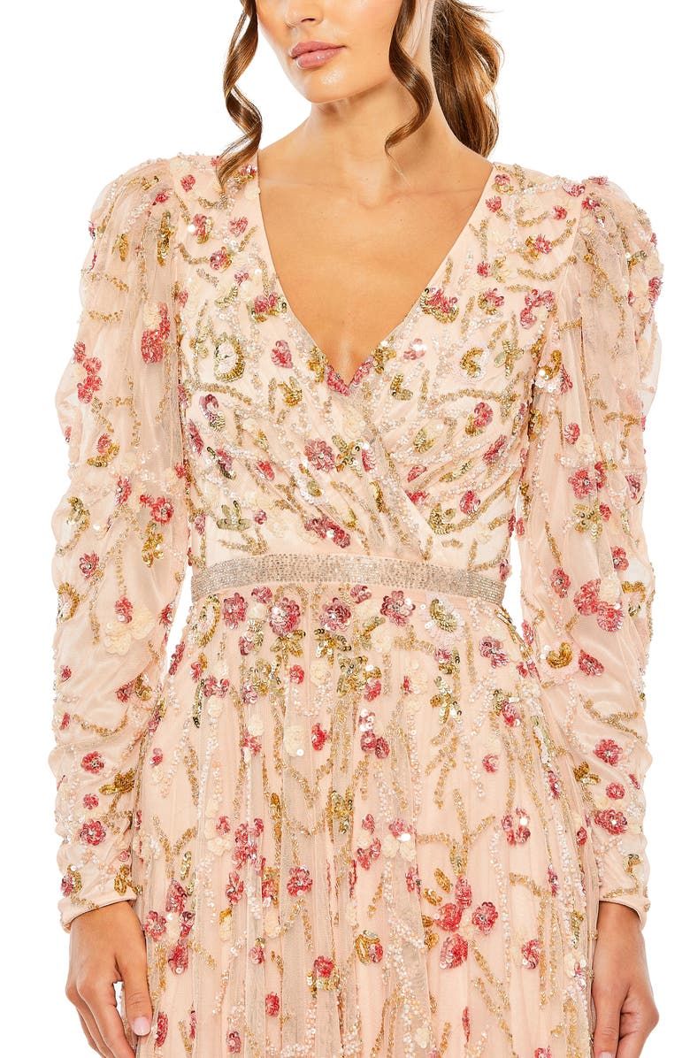 Mac Duggal Floral Embellished Wrap Over Puff Sleeve A Line Gown, Alternate, color, 