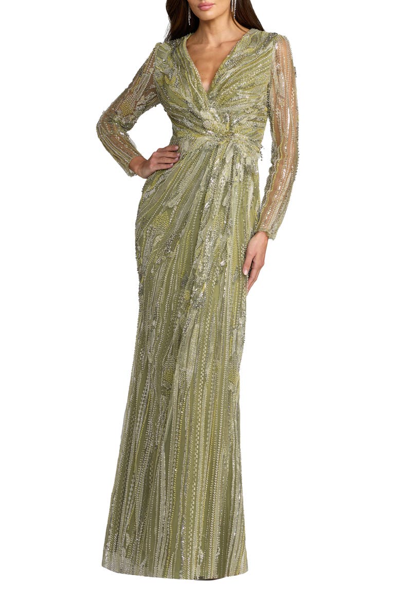 Hand Embellished V-Neck Column Gown, Main, color, Pistachio