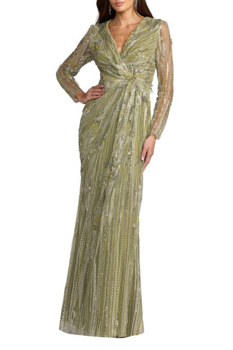 Hand Embellished V-Neck Column Gown