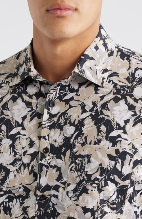 Nordstrom Floral Short Sleeve Stretch Cotton Blend Button-up Shirt In Black