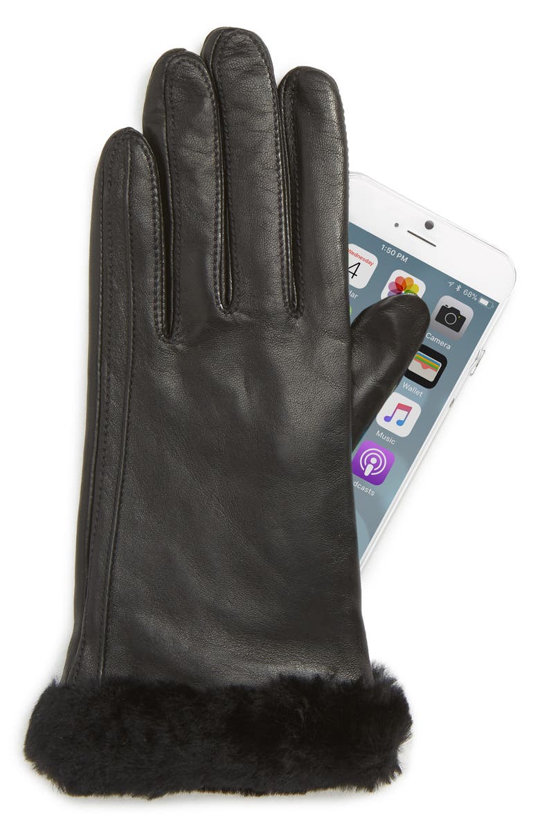 UGG<sup>®</sup> Touchscreen Compatible Leather Gloves with Genuine Shearling Trim, Alternate, color,