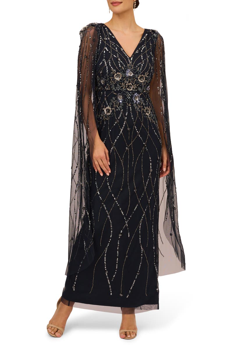 Adrianna Papell Beaded Sequin Long Sleeve Cape Overlay Column Gown, Alternate, color,
