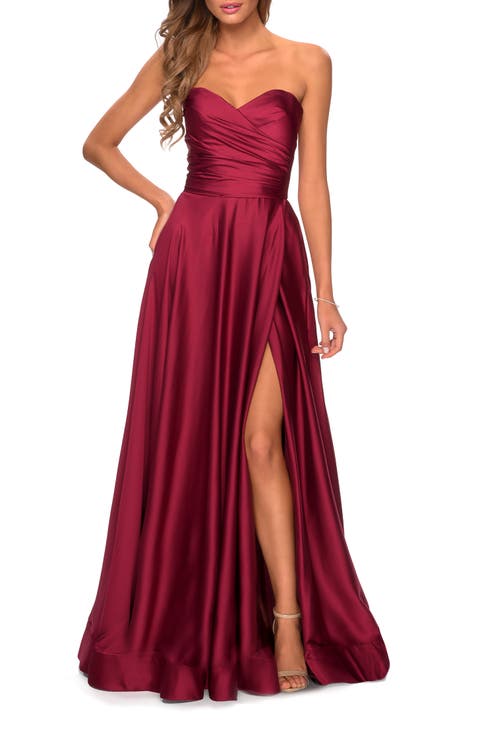 Strapless Satin Gown with Pleated Bodice and Slit