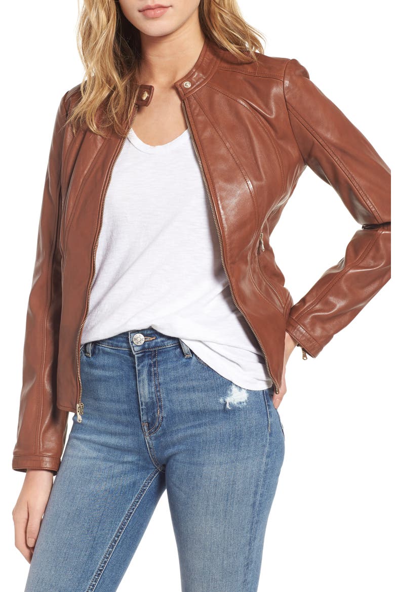 Collarless Leather Moto Jacket, Main, color, COGNAC
