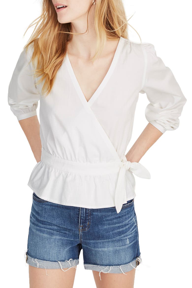 Puff Sleeve Peplum Wrap Top, Main, color, PURE WHITE