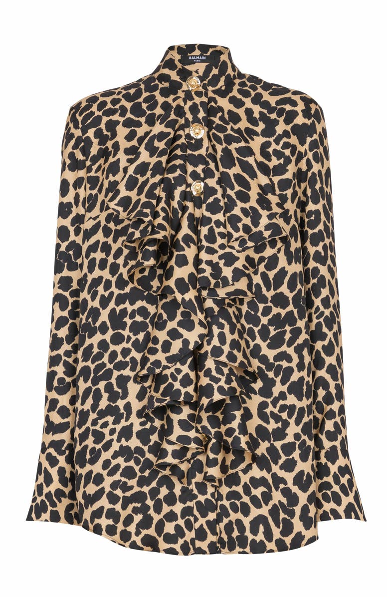 Balmain Leopard Print Ruffled Shirt, Alternate, color, Black