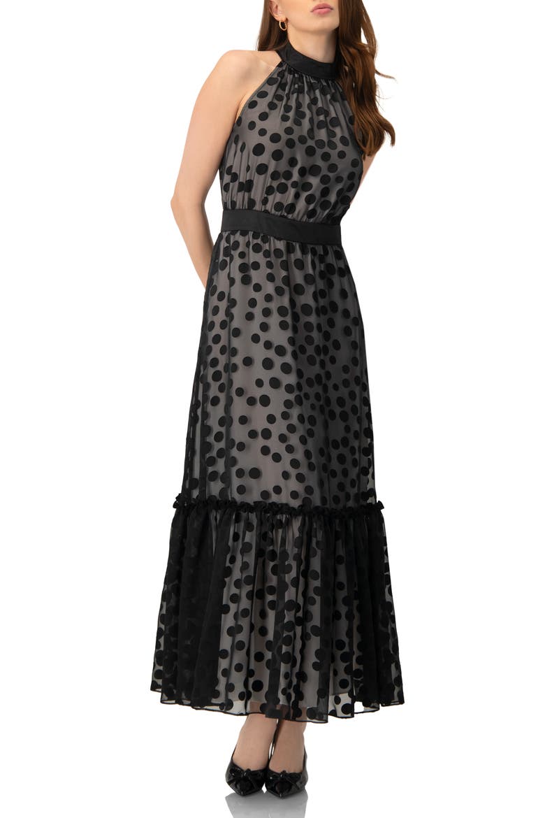 Halter Neck Polka Dot Maxi Dress, Main, color, Black