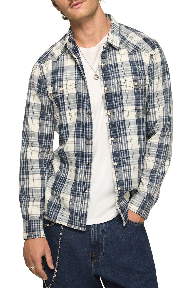 Plaid Cotton Twill Snap-Up Western Shirt, Main, color, INDIGO MULTI