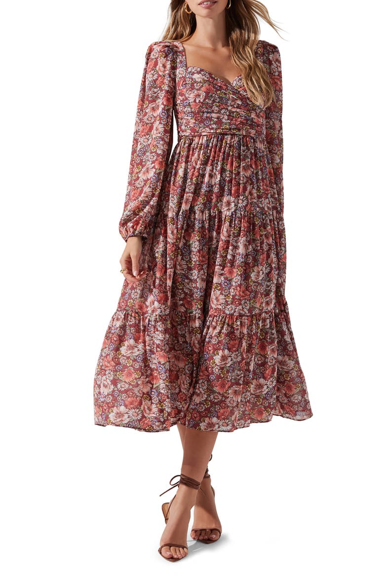 Floral Pleated Long Sleeve Midi Dress, Main, color, RUST ML FL